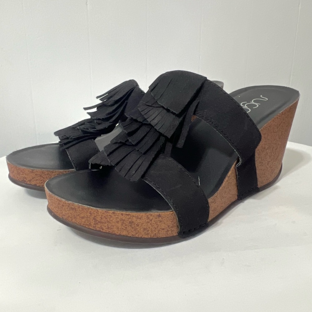 Sugar Elliot Slip On Strappy Fringe Platform Wedge Heels Size 8 Boho Event